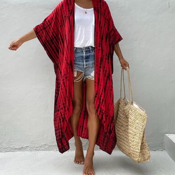 Red Tie Dye Boho Swim Coverup Kimono Robe - Picture 1 of 7